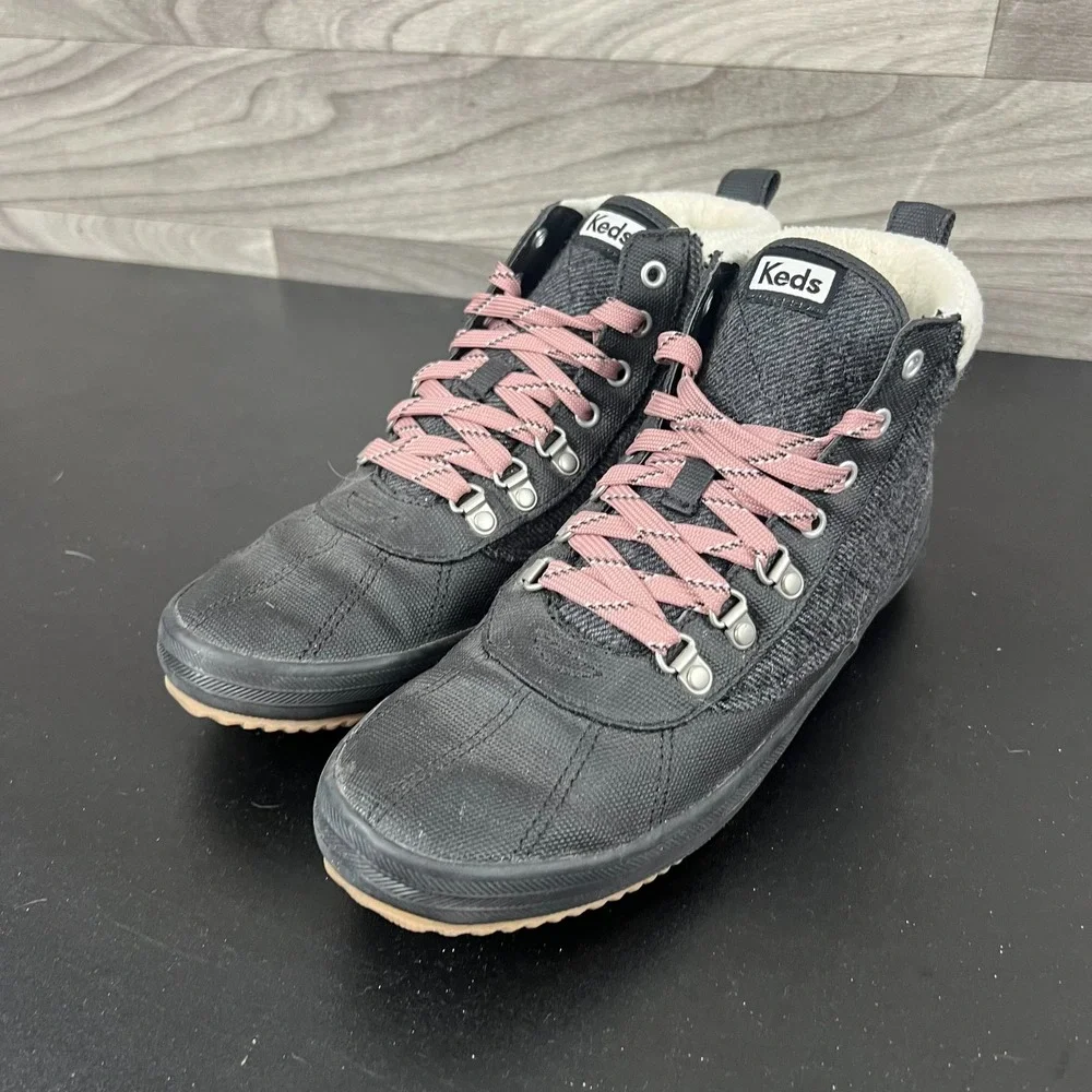 Keds Lace Up Ankle Boots Women's Size 9.5 Gray Black Casual Comfort Fleece Lined